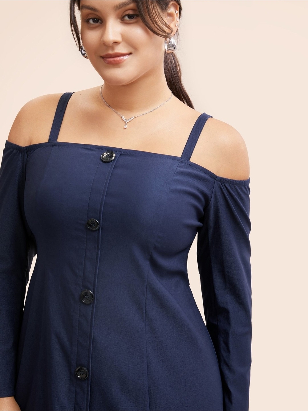 BloomChic Navy One-Shoulder Button-Front Midi Dress - Picture 3 of 3